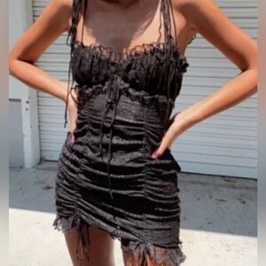 Black Ruched Lace Mini Dress